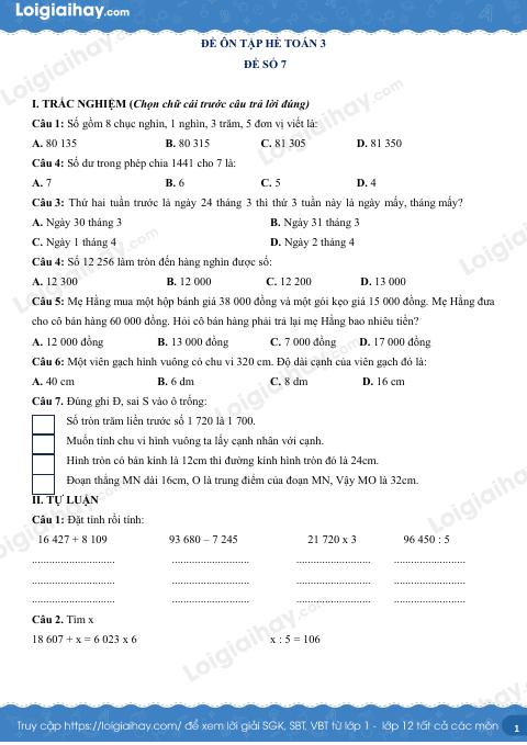 Đề ôn hè Toán 3 lên 4 có lời giải chi tiết - Đề 7